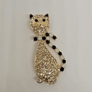 Kitty Cat Brooch Pin Rhinestones Crystals Gold Tone